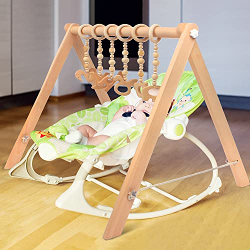 NUNGT Wooden Baby Gym with 6 Hanging Wooden Baby Toys Foldable Wooden Baby Play Gym Activity Gym Baby Play Hanging bar Frame Activity Gym