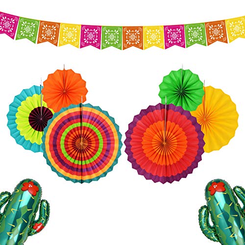 Fiesta Party Decorations Tablecloth, Colorful Paper Fan, Tassels, Papel Picado Banner,Green Balloons, Cactus Balloons, Avocado Balloons and “Fiesta” Balloons for Mexican Party Decorations