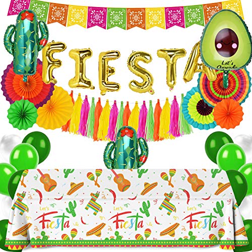 Fiesta Party Decorations Tablecloth, Colorful Paper Fan, Tassels, Papel Picado Banner,Green Balloons, Cactus Balloons, Avocado Balloons and “Fiesta” Balloons for Mexican Party Decorations