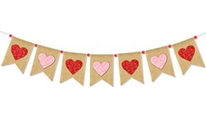 whaline valentine’s day banner glitter heart garland burlap banner with wooden beads pre-assembled red pink heart banner fireplace wall hanging for holiday party home decoration