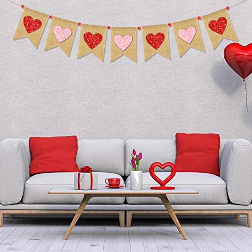 Whaline Valentine's Day Banner Glitter Heart Garland Burlap Banner with Wooden Beads Pre-Assembled Red Pink Heart Banner Fireplace Wall Hanging for Holiday Party Home Decoration