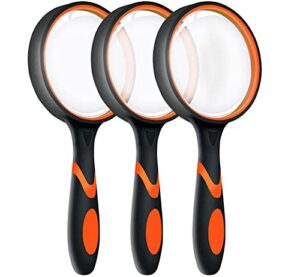 magnifying glass for kids,3 pack 10x 65mm magnifying glass with non-slip soft rubber handle, suitable for reading newspapers, inspections, insects, experiments, suitable for seniors and kids