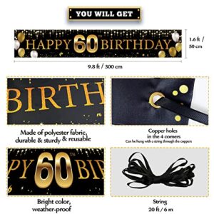 60th Birthday Decorations Yard Banner, Happy 60th Birthday Decorations for Men Women, Black Gold 60 Years Old Birthday Party Sign Backdrop Decorations for Outdoor Indoor, Fabric Sturdy, Vicycaty