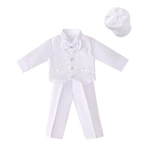 dressy daisy infant baby boy christening clothing baptism outfit all white suit set with bonnet size 9-12 months, long sleeve