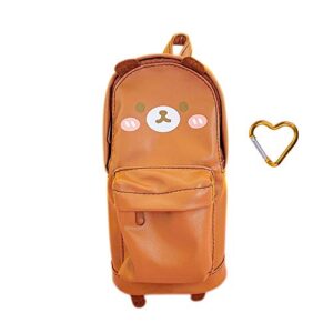 funny live stand up pencil case pen organizer with heart-shaped snap hook, pu pen case pencil pouch bag cartoon cute stationery pouch bag for students boys and girls (brown bear)