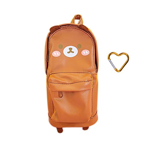 Funny live Stand Up Pencil Case Pen Organizer with Heart-shaped Snap Hook, PU Pen Case Pencil Pouch Bag Cartoon Cute Stationery Pouch Bag for Students Boys and Girls (Brown Bear)