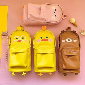 Funny live Stand Up Pencil Case Pen Organizer with Heart-shaped Snap Hook, PU Pen Case Pencil Pouch Bag Cartoon Cute Stationery Pouch Bag for Students Boys and Girls (Brown Bear)