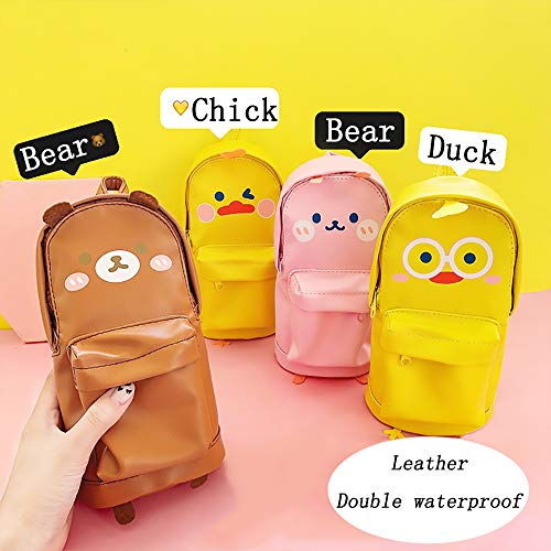 Funny live Stand Up Pencil Case Pen Organizer with Heart-shaped Snap Hook, PU Pen Case Pencil Pouch Bag Cartoon Cute Stationery Pouch Bag for Students Boys and Girls (Brown Bear)