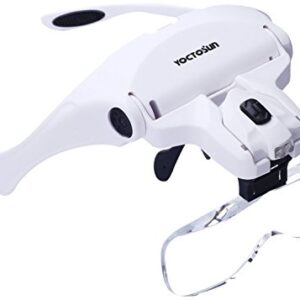 YOCTOSUN Head Mount Magnifier with 2 Led Professional Jeweler's Loupe Light Bracket and Headband are Interchangeable