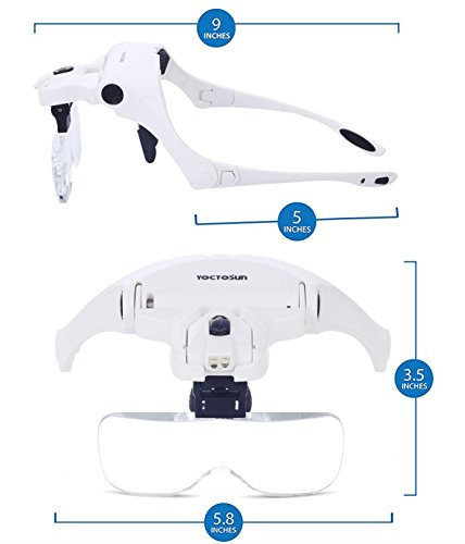 YOCTOSUN Head Mount Magnifier with 2 Led Professional Jeweler's Loupe Light Bracket and Headband are Interchangeable