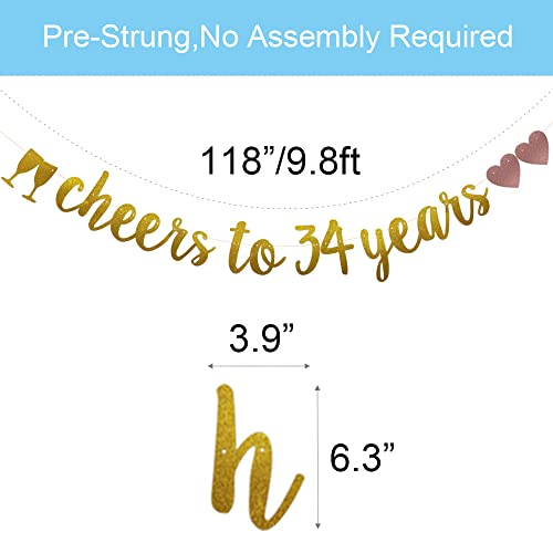 Cheers to 34 Years Banner, Pre-Strung, Gold Glitter Paper Garlands for 34th Birthday/Wedding Anniversary Party Decorations Supplies, No Assembly Required,Gold,SUNbetterland