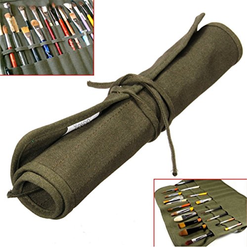 Yosoo 17''x14'' Roll up Canvas Artist Watercolor Draw Pen Oil Paint Brush Bag Case Holder,- 22 Slots, Army Green