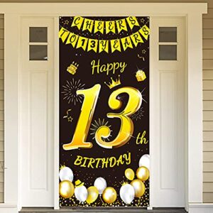 dpkow black gold 13th birthday decoration for boy girl, black gold 13th birthday banner for backdrop door decoration,13th birthday background banner for garden table wall decoration, 185 x 90cm fabric