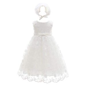 baby girls floral embroidered overlay sleeveless christening gown baptism tulle dress with bonnet ivory size 12m / 6-12months