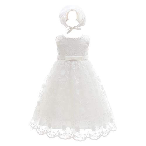 Baby Girls Floral Embroidered Overlay Sleeveless Christening Gown Baptism Tulle Dress with Bonnet Ivory Size 12M / 6-12Months