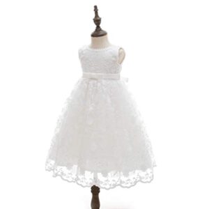 Baby Girls Floral Embroidered Overlay Sleeveless Christening Gown Baptism Tulle Dress with Bonnet Ivory Size 12M / 6-12Months