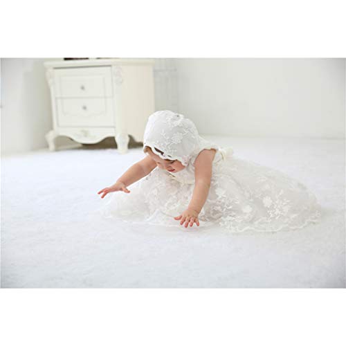 Baby Girls Floral Embroidered Overlay Sleeveless Christening Gown Baptism Tulle Dress with Bonnet Ivory Size 12M / 6-12Months