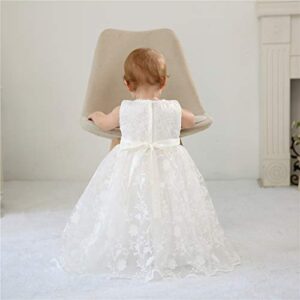 Baby Girls Floral Embroidered Overlay Sleeveless Christening Gown Baptism Tulle Dress with Bonnet Ivory Size 12M / 6-12Months