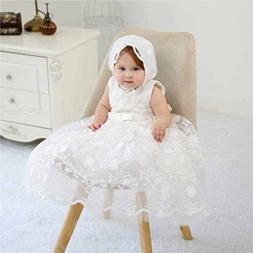 Baby Girls Floral Embroidered Overlay Sleeveless Christening Gown Baptism Tulle Dress with Bonnet Ivory Size 12M / 6-12Months