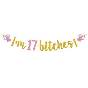 t-minimalist i’m 17 bitches banner, gold & pink glitter funy happy 17th birthday banner, 17 years old birthday sign, cheers to 17 years party decorations supplies, 7.5 feet