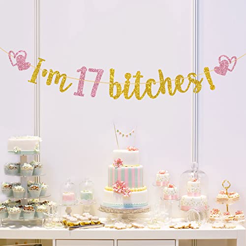 T-minimalist I'm 17 Bitches Banner, Gold & Pink Glitter Funy Happy 17th Birthday Banner, 17 Years Old Birthday Sign, Cheers to 17 Years Party Decorations Supplies, 7.5 Feet