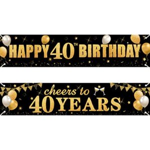 2Pcs 40th Birthday Banner Decorations for Men Women - Black Gold Happy 40th Birthday Cheers to 40 Years Yard Banner Party Supplies, Forty Year Old Bday Sign Decor for Indoor Outdoor