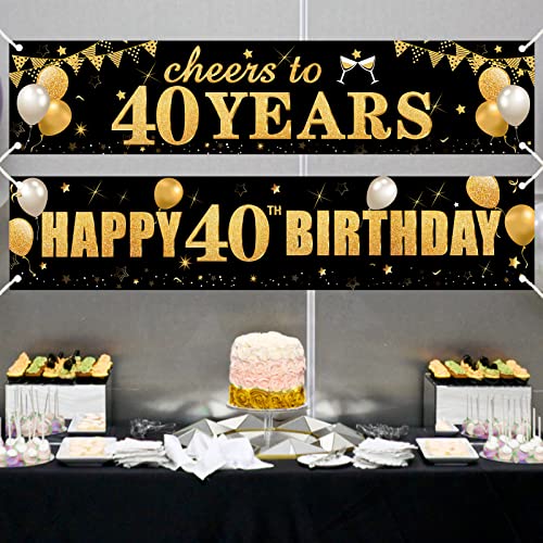 2Pcs 40th Birthday Banner Decorations for Men Women - Black Gold Happy 40th Birthday Cheers to 40 Years Yard Banner Party Supplies, Forty Year Old Bday Sign Decor for Indoor Outdoor