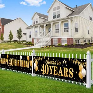 2Pcs 40th Birthday Banner Decorations for Men Women - Black Gold Happy 40th Birthday Cheers to 40 Years Yard Banner Party Supplies, Forty Year Old Bday Sign Decor for Indoor Outdoor