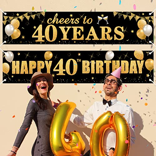 2Pcs 40th Birthday Banner Decorations for Men Women - Black Gold Happy 40th Birthday Cheers to 40 Years Yard Banner Party Supplies, Forty Year Old Bday Sign Decor for Indoor Outdoor