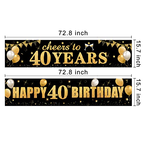 2Pcs 40th Birthday Banner Decorations for Men Women - Black Gold Happy 40th Birthday Cheers to 40 Years Yard Banner Party Supplies, Forty Year Old Bday Sign Decor for Indoor Outdoor