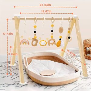 Frogprin Wooden Baby Gym with 6 Hanging Toys, Foldable Wooden Play Gym for Babies 0-12 Month, Baby Play Gym Frame Activity Gym Hanging Bar Newborn Gift Baby Girl and Boy Gym (Natural Pine Wood)