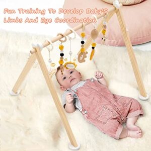 Frogprin Wooden Baby Gym with 6 Hanging Toys, Foldable Wooden Play Gym for Babies 0-12 Month, Baby Play Gym Frame Activity Gym Hanging Bar Newborn Gift Baby Girl and Boy Gym (Natural Pine Wood)