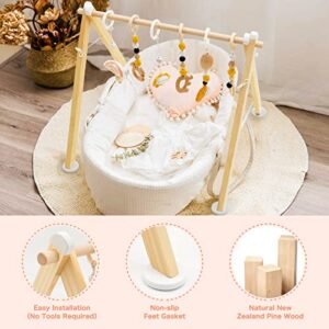 Frogprin Wooden Baby Gym with 6 Hanging Toys, Foldable Wooden Play Gym for Babies 0-12 Month, Baby Play Gym Frame Activity Gym Hanging Bar Newborn Gift Baby Girl and Boy Gym (Natural Pine Wood)