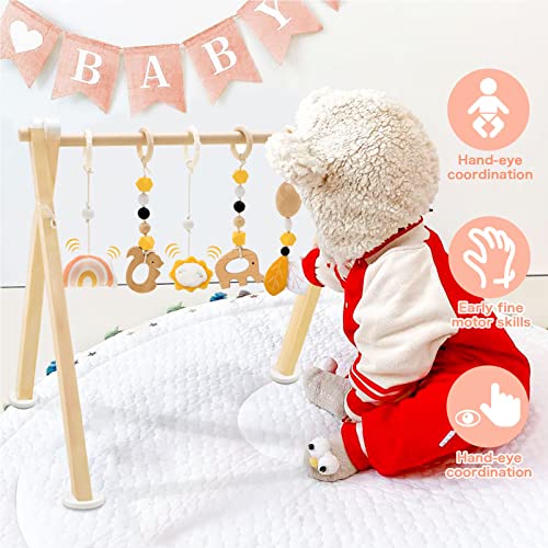 Frogprin Wooden Baby Gym with 6 Hanging Toys, Foldable Wooden Play Gym for Babies 0-12 Month, Baby Play Gym Frame Activity Gym Hanging Bar Newborn Gift Baby Girl and Boy Gym (Natural Pine Wood)