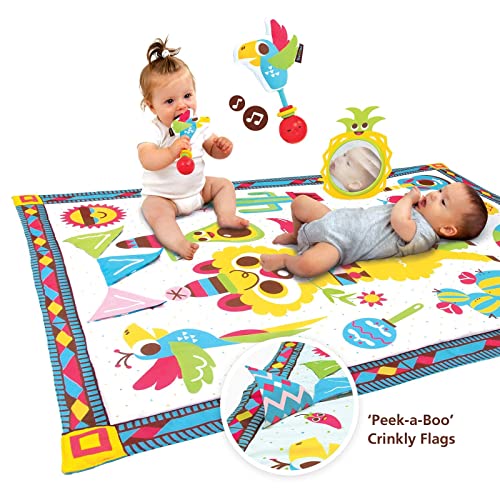 Yookidoo Fiesta Baby Tummy Time Mat. Folds As Carrying Bag. Indoor & Outdoor Activity Play Gym with Mirror, Rattle & Teether. Extra Large Washable Newborn Blanket (145 X 100cm)