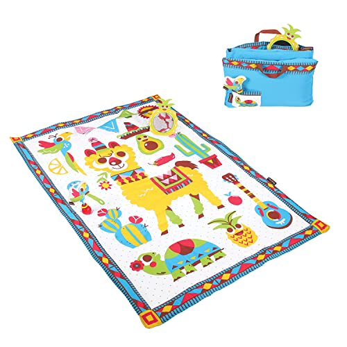 Yookidoo Fiesta Baby Tummy Time Mat. Folds As Carrying Bag. Indoor & Outdoor Activity Play Gym with Mirror, Rattle & Teether. Extra Large Washable Newborn Blanket (145 X 100cm)