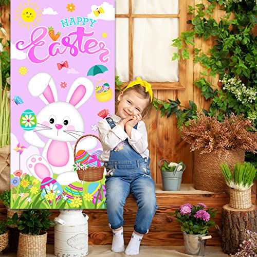 Happy Easter Door Cover - Easter Rabbit Door Cover Decoration Outdoor Courtyard Flag Welcome Spring Banner For Spring Easter Holiday Party Decoration - Pink