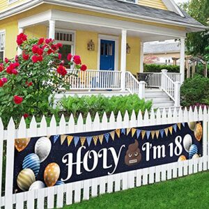blue white large holy shit i’m 18 banner backdrop,fun 18th birthday banner for boy or girl,cheer to 18 years old party decorations supplies lawn sign yard sign porch sign outdoor backdrop 9.8×1.6 feet