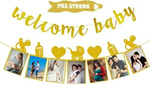 baby shower decorations gold- welcome baby banner pre-strung & baby shower photo banner for girls or boys baby shower gender reveal party decor supplies baby party photo booth props