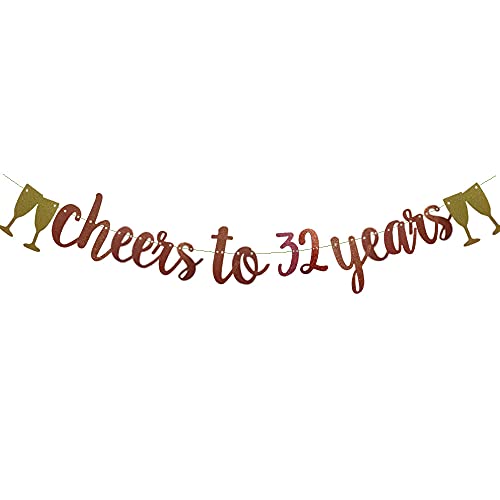 Cheers To 32 Years Banner,Pre-Strung, Rose Gold Paper Glitter Party Decorations For 32ND Wedding Anniversary 32 Years Old 32ND Birthday Party Supplies Letters Rose Gold ZHAOFEIHN