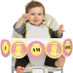 big dot of happiness pink ducky duck 1rst birthday highchair decor – i am one – first birthday high chair banner