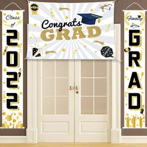 3PCS Graduation 2022 Decorations - Class of 2022 Graduation Banner Porch Signs for School College Congrats Grad Backdrop Graduation Party Supplies Hanging Door Wall Decorations Outdoor