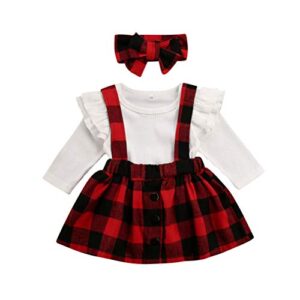 newborn baby girl suspender skirt outfit set christmas ruffle long sleeve plaid shirts and overall skirts+headband (red , 0-3months )