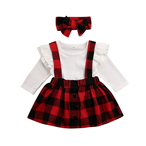 Newborn Baby Girl Suspender Skirt Outfit Set Christmas Ruffle Long Sleeve Plaid Shirts and Overall Skirts+Headband (Red , 0-3Months )