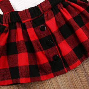 Newborn Baby Girl Suspender Skirt Outfit Set Christmas Ruffle Long Sleeve Plaid Shirts and Overall Skirts+Headband (Red , 0-3Months )