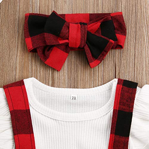 Newborn Baby Girl Suspender Skirt Outfit Set Christmas Ruffle Long Sleeve Plaid Shirts and Overall Skirts+Headband (Red , 0-3Months )