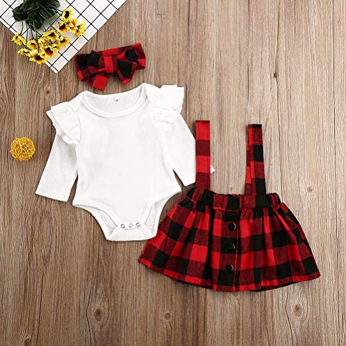 Newborn Baby Girl Suspender Skirt Outfit Set Christmas Ruffle Long Sleeve Plaid Shirts and Overall Skirts+Headband (Red , 0-3Months )