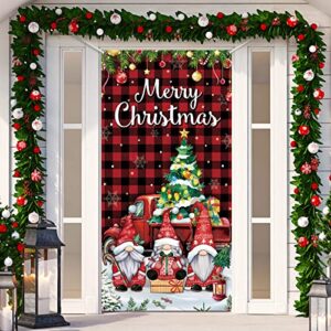 tiamon christmas gnome door cover xmas red truck buffalo plaid door cover banner merry christmas backdrop door cover decoration for winter holiday party supplies, 70.9 x 35.4 inches