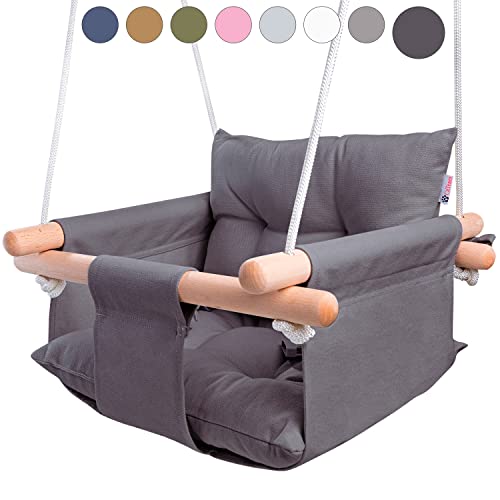 CaTeam - Canvas Baby Swing, Wooden Hanging Swing Seat Chair with Safety Belt, Durable Baby Hammock Chair, Outdoor and Indoor Swing for Kids, Mounting Hardware Included, Dark Gray