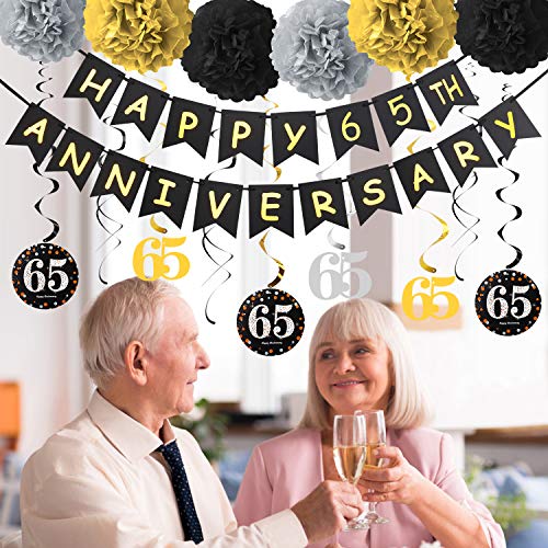 Yoaokiy 65th Anniversary Party Decorations Kit - Including Glitter Happy 65th Anniversary Banner, 9Pcs Hanging Swirl, 6Pcs Poms - for 65th Wedding Anniversary Party Decorations Supplies…